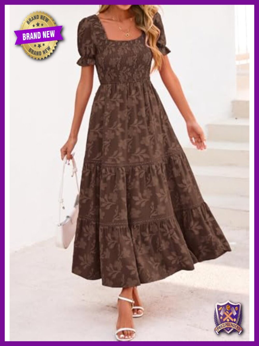 Boho Floral Maxi Dress Square Neck Smocked Ruffle A-Line Wedding Guest - Picture 3 of 6